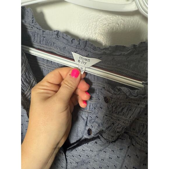 Crown & Ivy Women's XL Chambray Blue Tiered Button Down Long Sleeve Dress - Picture 3 of 5